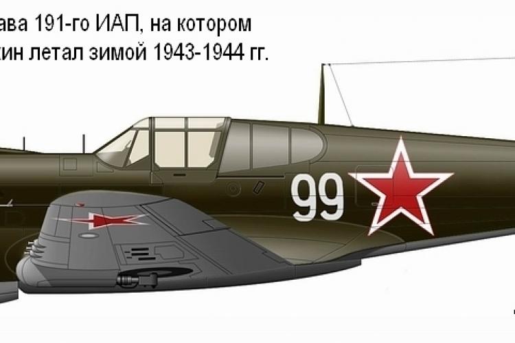 Р-40М «Киттихаук» из состава 191-го ИАП, на котором ст. лейтенант В. Б. Митрохин летал зимой 1943-1944 гг. на Ленинградском фронте. Рисунок М. Ю. Быкова.